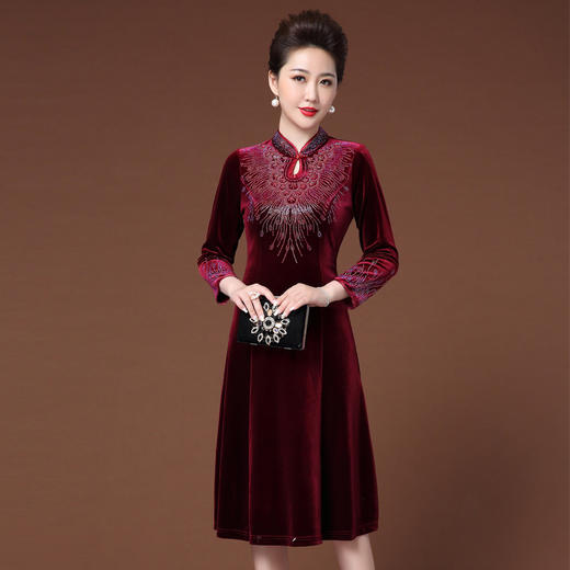 JY-JY211金丝绒复古气质大码妈妈婚宴礼服加绒连衣裙旗袍 商品图2