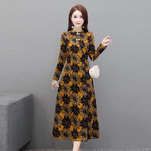 YWE-LFDS-KL20B239新款复古优雅修身印花打底连衣裙 商品图3