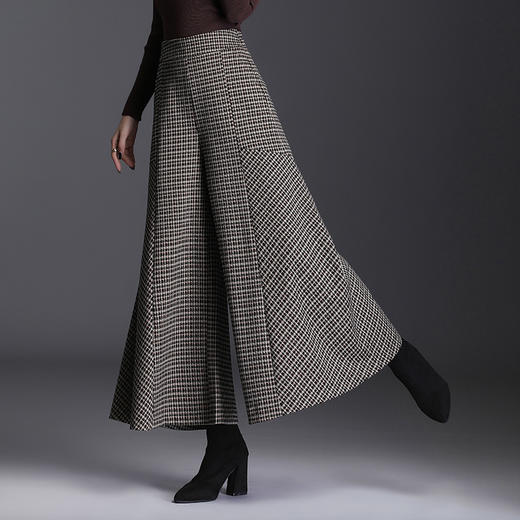 QJBH-HWM60195格子毛呢阔腿裤高腰垂感大脚甩裤宽松九分裙裤 商品图1
