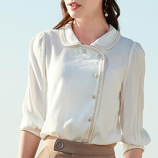 欧芮儿夏新款七分袖白色衬衫女修身显瘦衬衣不规则上衣 商品图1