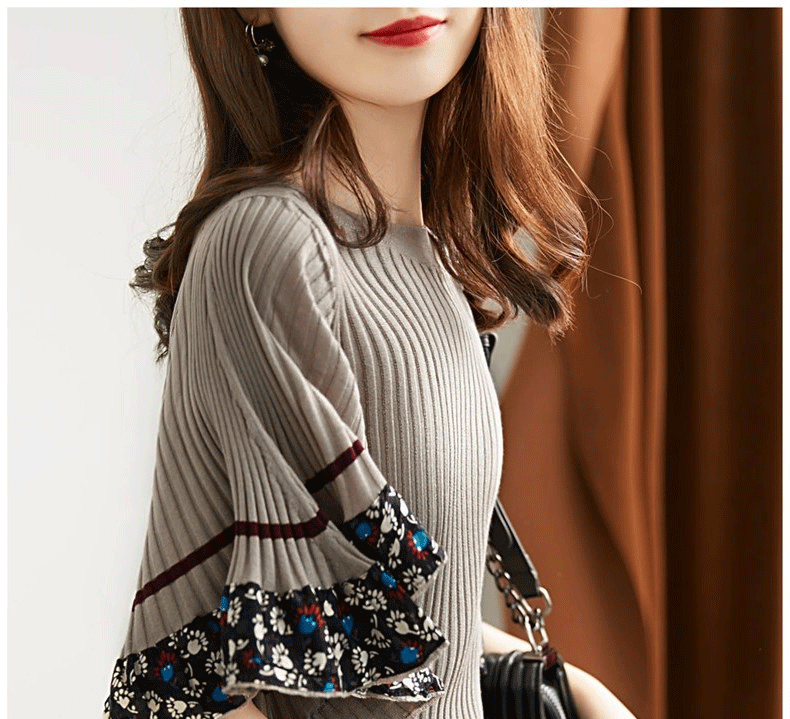 dd-wyyz201105新款时尚名媛气质一字领大喇叭袖针织衫