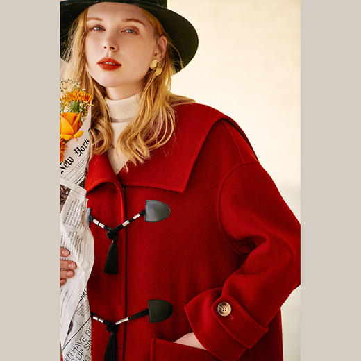 欧芮儿双面呢中长款外套女冬季新款大翻领酒红色呢大衣 商品图2