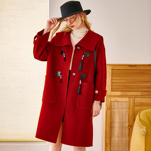 欧芮儿双面呢中长款外套女冬季新款大翻领酒红色呢大衣 商品图1