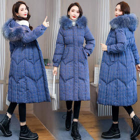 WZNH-RSLD8026新款时尚休闲连帽可卸大毛领长款加厚格纹棉服