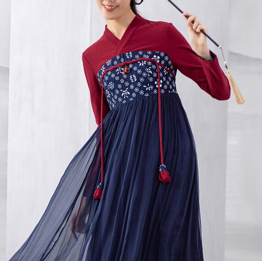 【林栖设计小店】蓝印花布系列2021春季新款交襟领纯棉拼真丝复古连衣裙襦裙女 商品图6