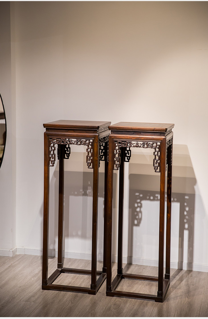 清代 红木双龙戏珠透雕牙板高花几(一对) - 明清家具研习社