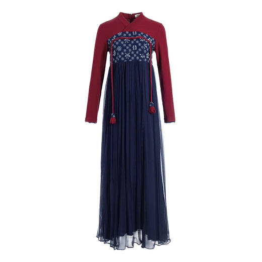 【林栖设计小店】蓝印花布系列2021春季新款交襟领纯棉拼真丝复古连衣裙襦裙女 商品图7