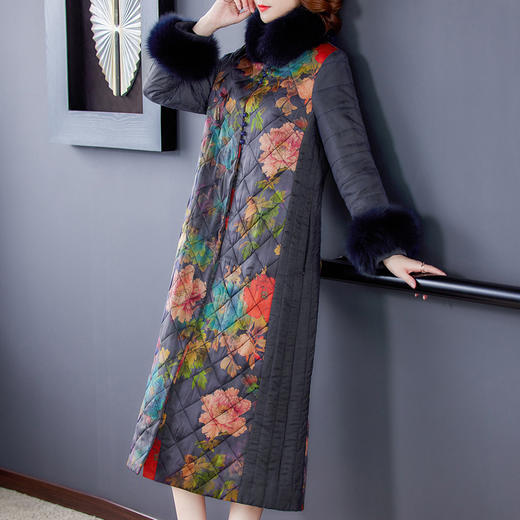 AHM-qw9089狐狸毛领外套棉衣长袖中长款时尚气质优雅显瘦复古大衣 商品图3