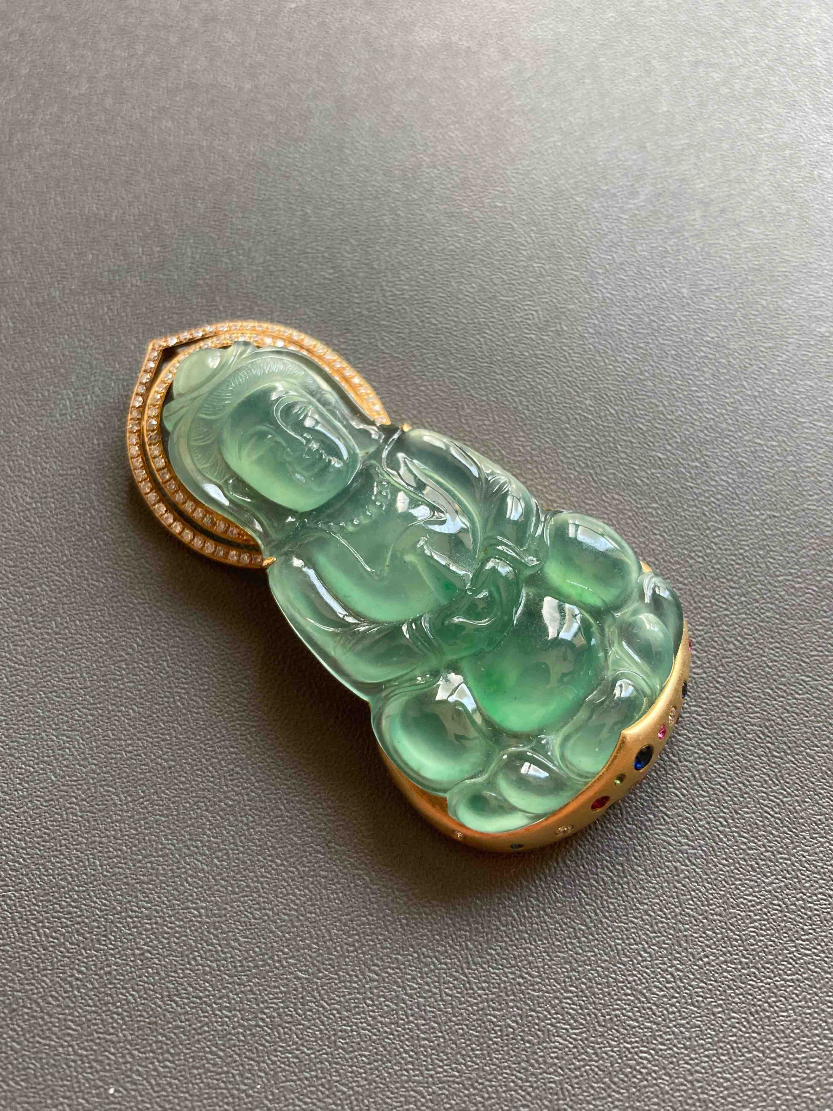 高冰种晴水翡翠大观音18k黄金彩宝镶嵌