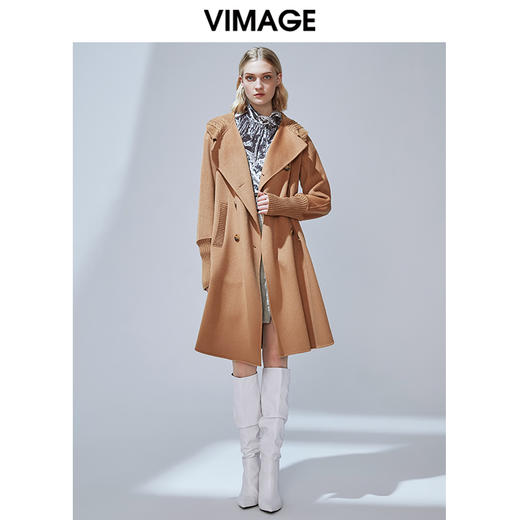 VIMAGE纬漫纪冬款时尚休闲拼接翻领宽松长款羊毛呢大衣女V1414003 商品图0