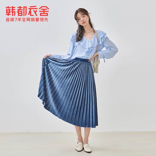 韩都衣舍2020秋季新款宽松A字纯色高腰百褶丝绒裙半身裙IG9270僥 商品图0