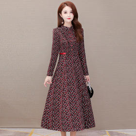 WE-JKL251 加绒加厚碎花中长款气质修身显瘦过膝优雅连衣裙女2020冬季新款