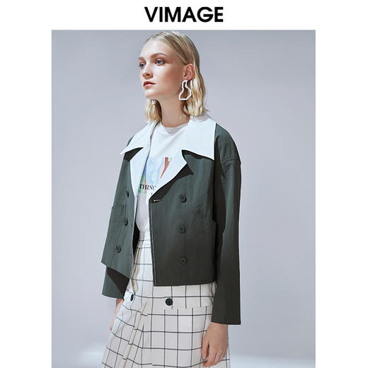 VIMAGE纬漫纪秋季新款经典翻领显瘦双排扣风衣短外套女上衣V1403002 商品图1