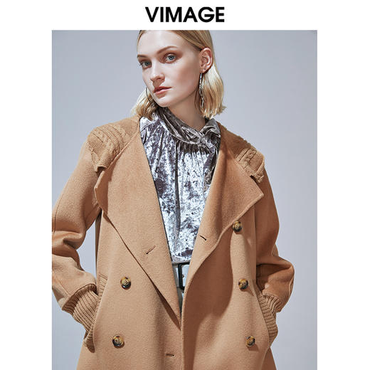 VIMAGE纬漫纪冬款时尚休闲拼接翻领宽松长款羊毛呢大衣女V1414003 商品图2
