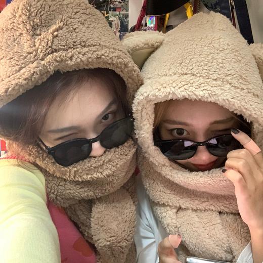 JENNIE同款 小熊帽子围巾 杏色/棕色 冬天超暖和还好看 商品图14