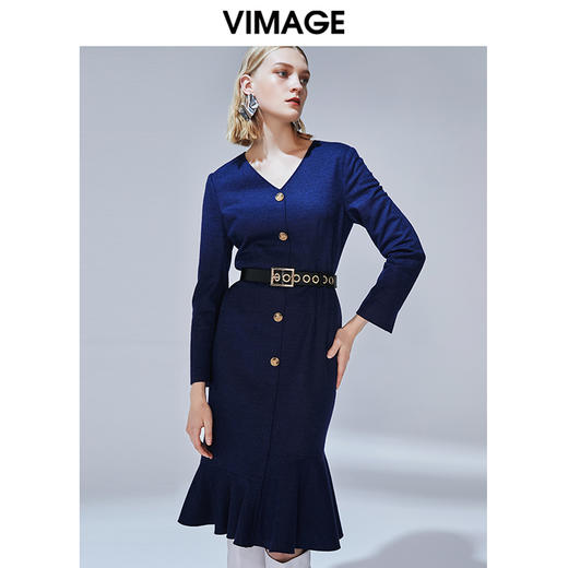 售罄下架-VIMAGE纬漫纪冬款气质V领显瘦收腰包臀鱼尾羊毛呢连衣裙V1407047 商品图1