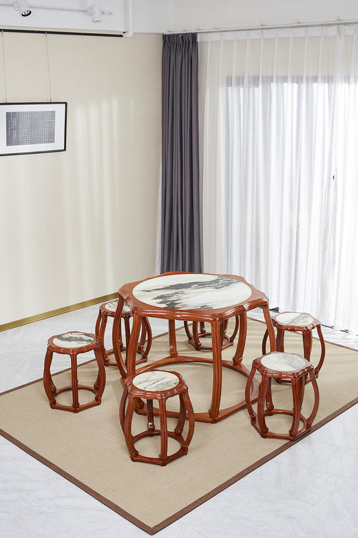 红桥红  家具严选  缅甸花梨（大果紫檀）  【木面/石面  海棠桌 七件套】 商品图6