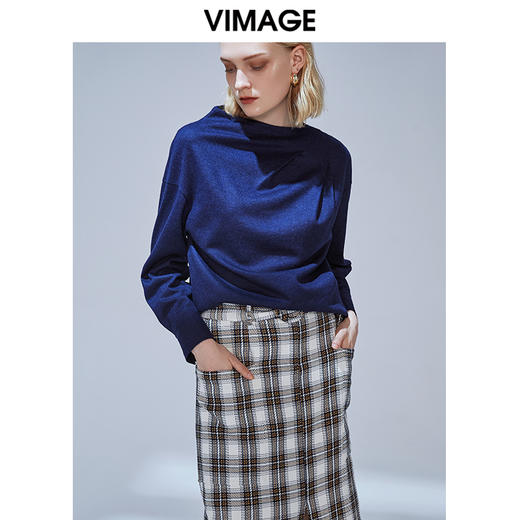 VIMAGE纬漫纪冬款设计感个性褶皱半高领保暖羊毛呢上衣女V1413024 商品图1