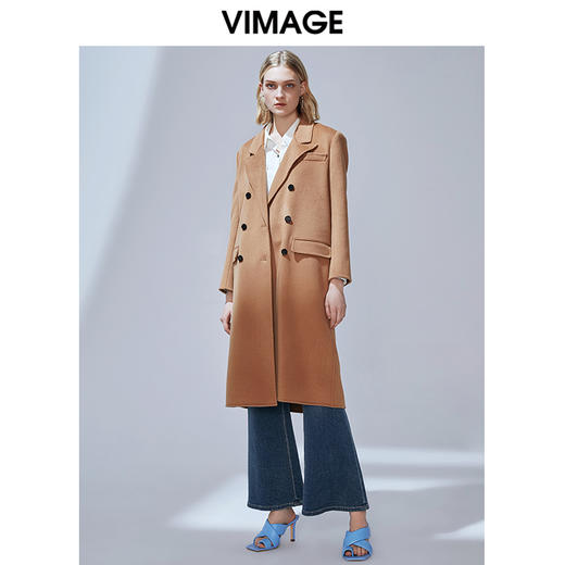 VIMAGE纬漫纪冬款挺括帅气宽松直筒双排扣羊毛呢大衣外套V1414004 商品图0