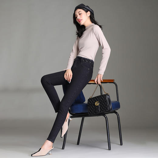 《xwi#冬季新品》休闲时尚紧身毛边绣花牛仔小脚裤女式牛仔裤