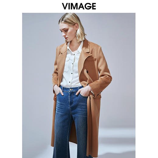 VIMAGE纬漫纪冬款挺括帅气宽松直筒双排扣羊毛呢大衣外套V1414004 商品图2
