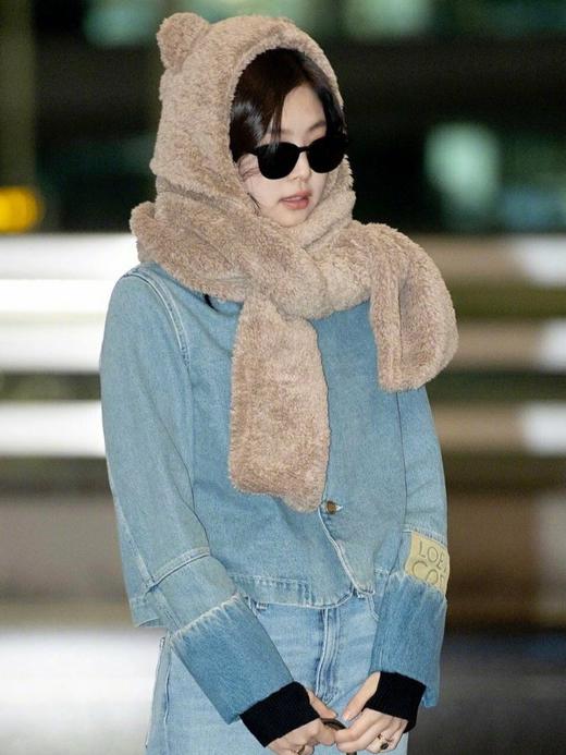 JENNIE同款 小熊帽子围巾 杏色/棕色 冬天超暖和还好看 商品图3