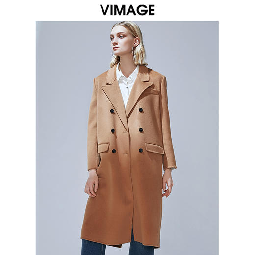VIMAGE纬漫纪冬款挺括帅气宽松直筒双排扣羊毛呢大衣外套V1414004 商品图1