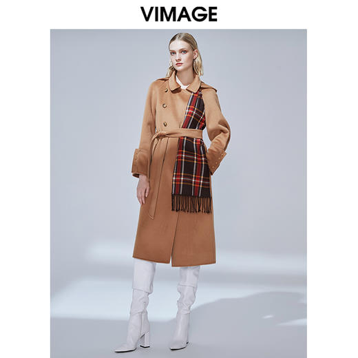 VIMAGE纬漫纪冬款英伦翻领格纹拼接连帽收腰羊毛呢大衣女V1414001 商品图0