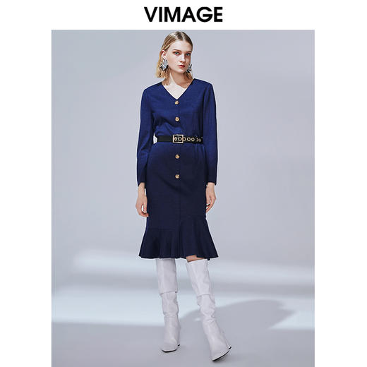 售罄下架-VIMAGE纬漫纪冬款气质V领显瘦收腰包臀鱼尾羊毛呢连衣裙V1407047 商品图0