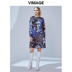 VIMAGE纬漫纪品牌女装春季新款个性印花时尚收腰A字连衣裙V1407004