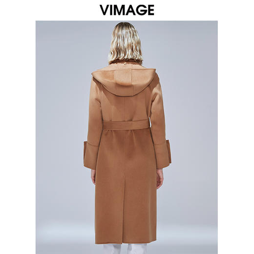 VIMAGE纬漫纪冬款英伦翻领格纹拼接连帽收腰羊毛呢大衣女V1414001 商品图3