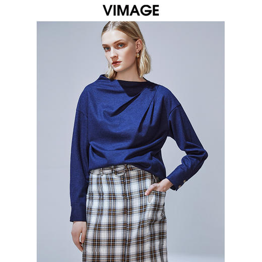 VIMAGE纬漫纪冬款设计感个性褶皱半高领保暖羊毛呢上衣女V1413024 商品图2