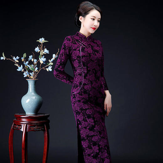 QQ-9792冬季新品复古修身中式礼服加绒祺袍 商品图2