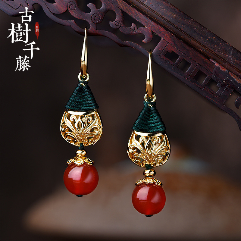 JGL-03220041新款中国风长款吊坠镀金玛瑙耳坠民族风创意复古配饰