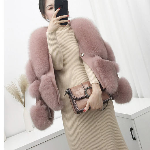 XDX-新款简约显瘦进口整皮狐狸毛皮草大衣绵羊皮短款外套 商品图0