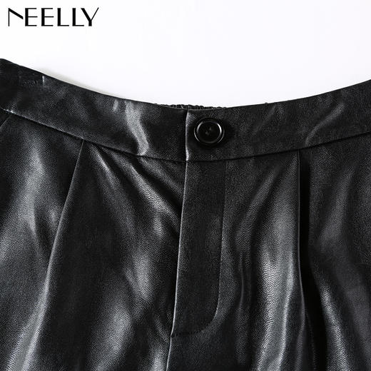 NEELLY/纳俪女街头黑色朋克休闲PU自然腰皮裤子七分裤N096808070 商品图3