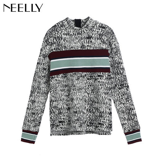 NEELLY/纳俪冬装新款短款女黑白拼色小高领毛针织线衫T恤卫衣 商品图3