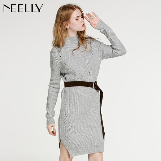 NEELLY纳俪秋冬装新款女装中长款紧身显瘦针织连衣裙打底裙子 商品图2