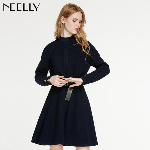 NEELLY/纳俪秋冬季新款女装修身显瘦长袖OL高领中长款连衣裙 商品图0