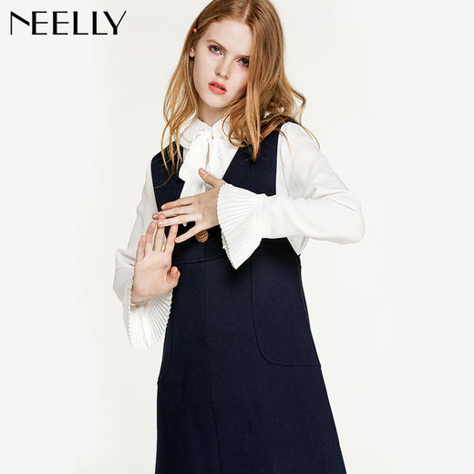 NEELLY纳俪新款女纯色宽松修身显瘦气质短裙背带裙A字裙 商品图1