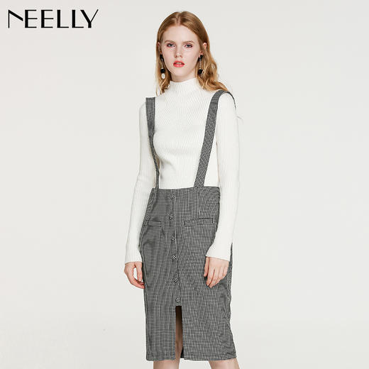 NEELLY纳俪冬装新款女中长款千鸟格前开叉格纹显瘦包臀背带裙 商品图1