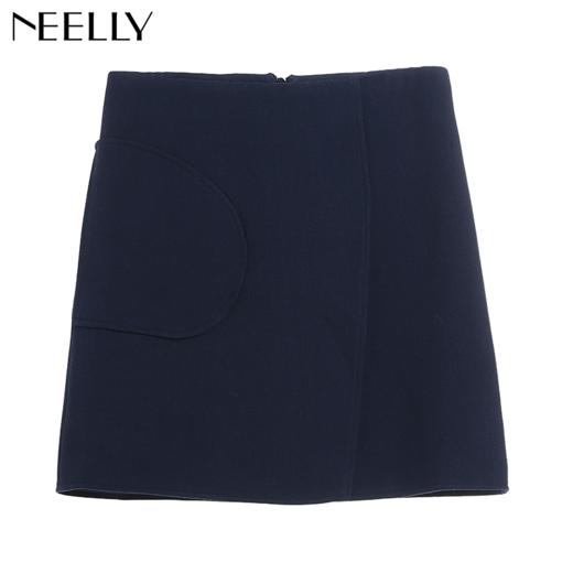 NEELLY纳俪冬装新款女纯色百搭修身显瘦口袋包臀A字裙半身裙N096805077 商品图3