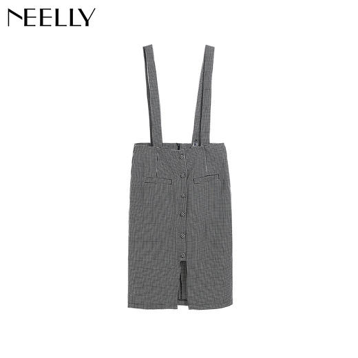 NEELLY纳俪冬装新款女中长款千鸟格前开叉格纹显瘦包臀背带裙 商品图3