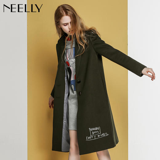 NEELLY/纳俪冬季新款中长款字母印花刺绣毛呢外套N126807040 商品图2