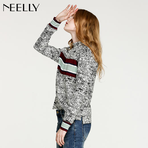 NEELLY/纳俪冬装新款短款女黑白拼色小高领毛针织线衫T恤卫衣 商品图1