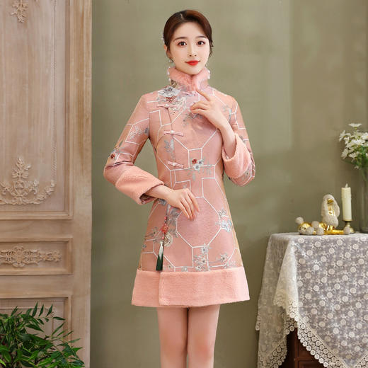 舒适保暖修身改良旗袍兔毛边中长款开襟夹棉棉衣zsm200927