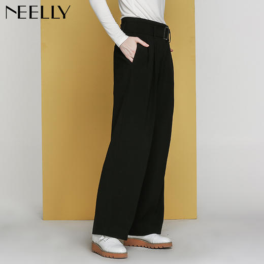 NEELLY纳俪冬装新款女纯色超宽松百搭显瘦腰带时尚长裤阔腿裤 商品图1
