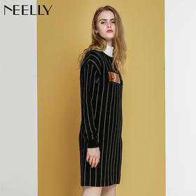 NEELLY纳俪冬装新款条纹长款裙子字母刺绣印花修身显瘦连衣裙N066809026