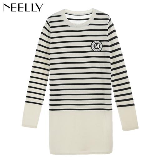 NEELLY纳俪新款女高领黑白条纹宽松百搭显瘦针织衫连衣裙N126809033 商品图4