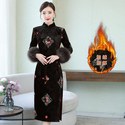 HT-N-B29-2040秋冬新款复古气质优雅修身丝绒旗袍裙 商品图0